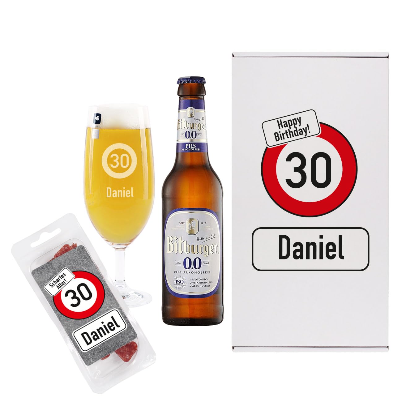 Herz & Heim® Gift Set for Men with Name and Age - Traffic Sign Motif - Gift for Father's Day & Birthday - Beer Glass, Salami Hearts, Beer & Box (1 Bottle, Bitburger 0.0 Alcohol-Free)