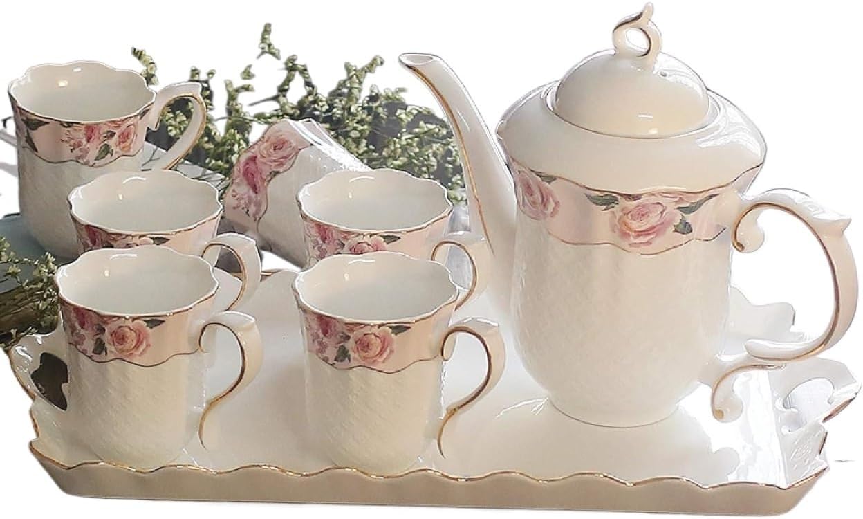 Ceramic Tea Set, Coffee Service from China, Tea Set, Vintage Floral Tea Set, 6 Tea Cups, Tea Cup and Saucer Gift Set for Tea, Coffee, Afterlife