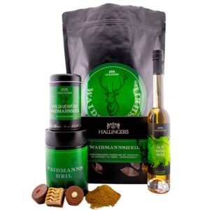 Hallingers Genuss Manufaktur Feinkost Hunter Gift Set – XXL Wonder Bag „Waidmannsheil“ Large Gift Chocolate, Chocolates, Wild Spice & Hazelnut Liqueur, Hunting Gift Idea for Hunters