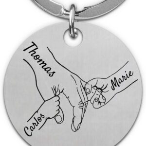 GRAVURZEILE - Keyring with Engraving - Children's Hands Hold Dad - Versatile Personalised with Names & Symbols - Gift for Dad for Father's Day & Birthday - Stainless Steel Keepsake - Diameter 3 cm