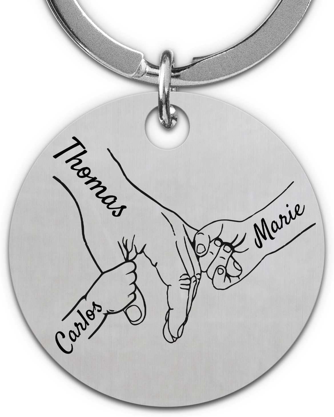 GRAVURZEILE - Keyring with Engraving - Children's Hands Hold Dad - Versatile Personalised with Names & Symbols - Gift for Dad for Father's Day & Birthday - Stainless Steel Keepsake - Diameter 3 cm