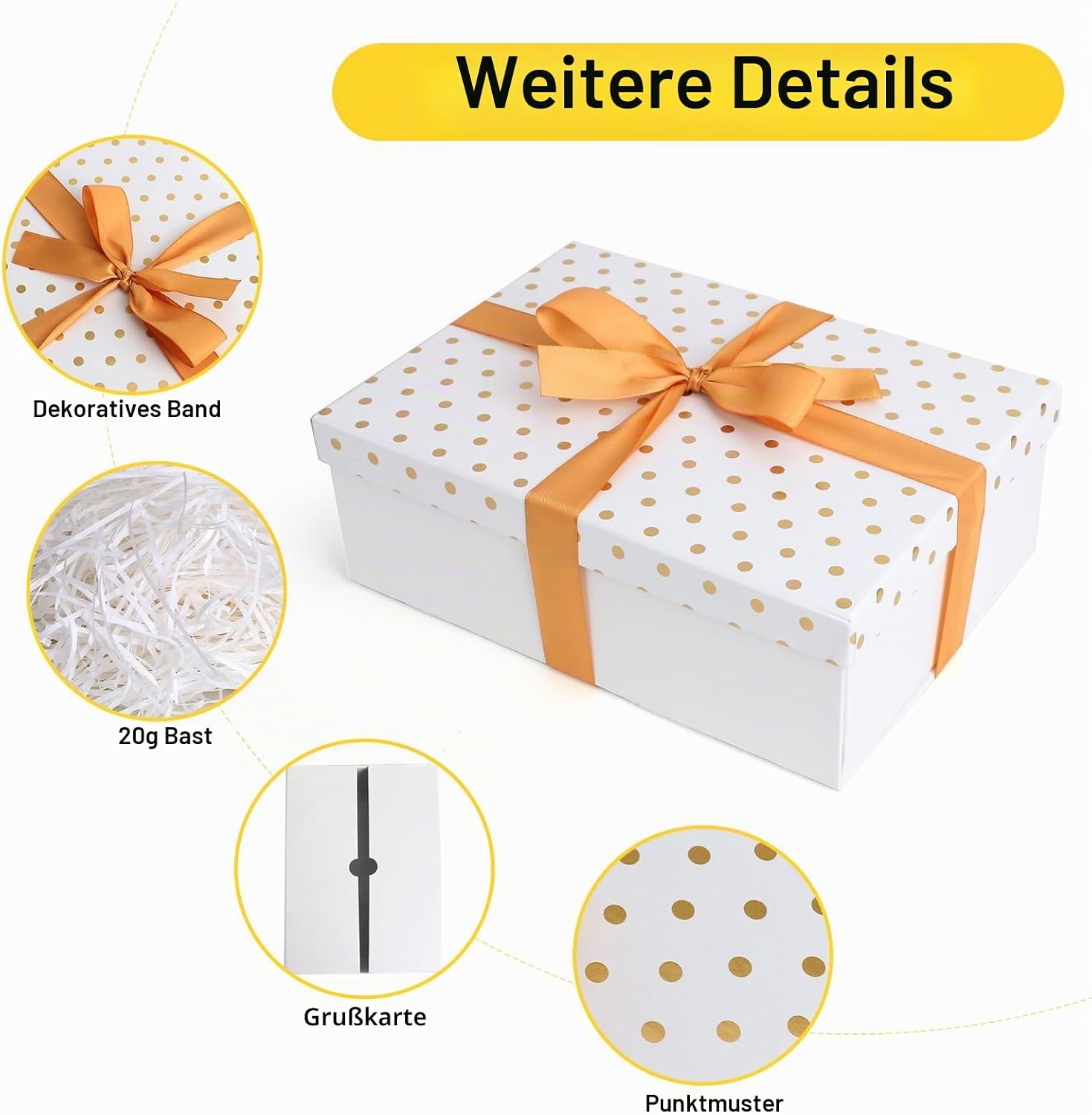 Luxury Gift Box with Lid, Premium Gift Box Girls Set with Bows Raffia Greeting Cards, 25 x 18 x 8.5 cm, Foldable Gift Box for Valentine's Day, Birthday, Christmas, Halloween, Wedding (White) – Bild 3