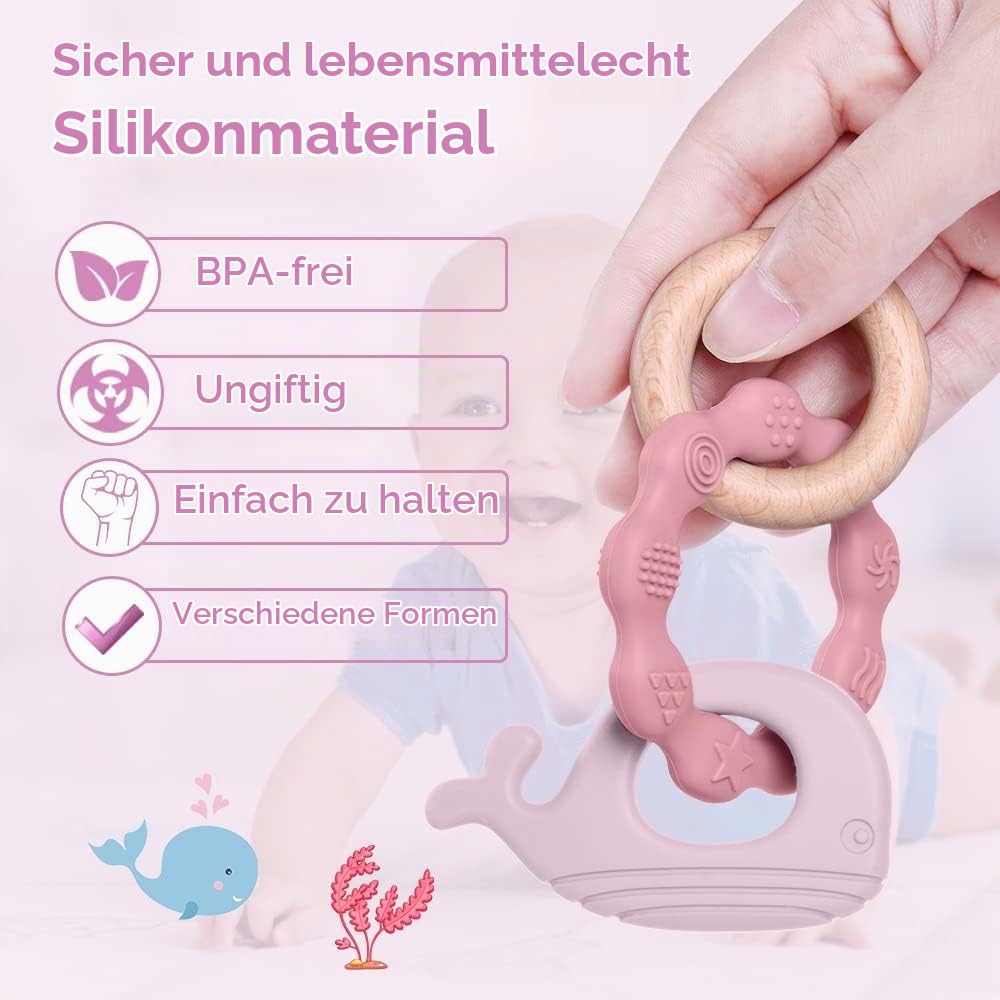 Vicloon Baby Teething Ring, Teething Toy, Teething Aid Made of Silicone & Wood, BPA-Free, Waltier Shape, Teething Nursing Accessories for 3 Months and Above Babies, Girls, Boys, Gift (Whale Pink) – Bild 5