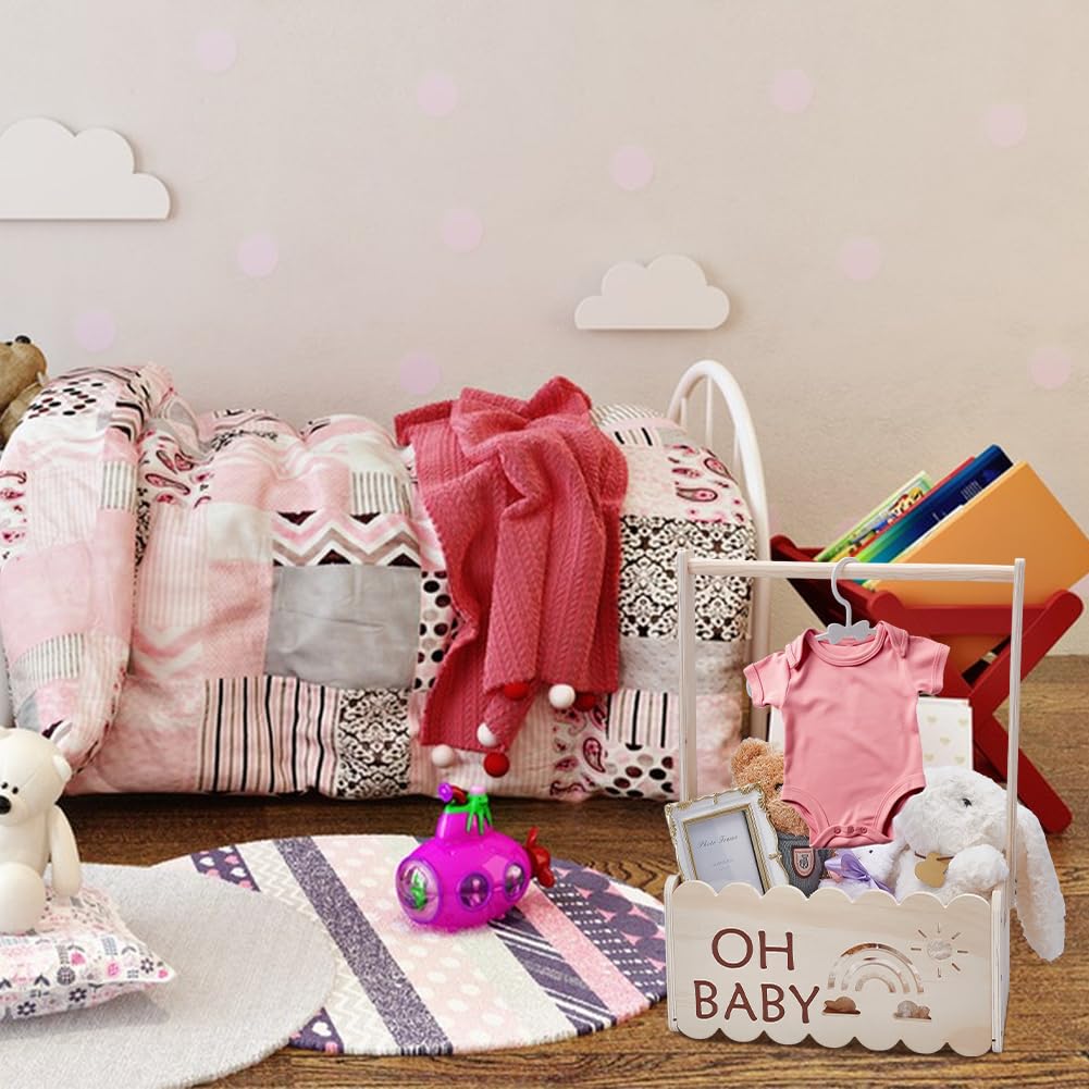 Unicraftal Baby Shower Gift with Wooden Handle Children's Clothes Hanger Baby Storage Basket Wooden Box for Baby Showers Baby Shower Box Cabinet Personalised Baby Basket Baby Shower Gift – Bild 5