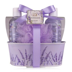 Accentra Women’s Shower Set Lavender in Beautiful Metal Box – 4-Piece Care Set with Shower Gel, Body Lotion, Bubble Bath & Mesh Sponge – Wellness Gift Set for Birthday, Valentine’s Day