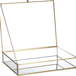SUMTree Golden Vintage Jewellery Box Brass Display Case Glass Display Box Jewellery Box with Lid Dressing Table Organiser for Jewellery, Cosmetics, Postcard Decorative Gift Box for Wedding, Birthday