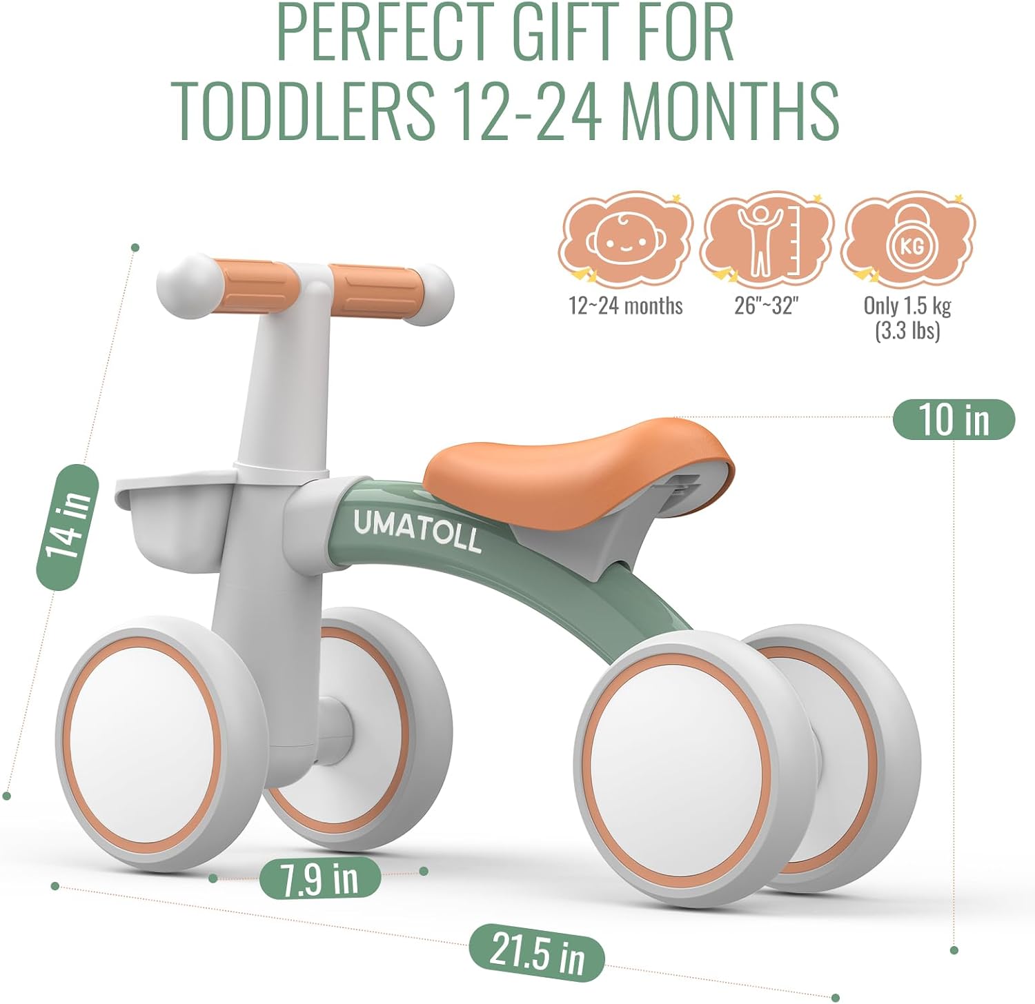 Umatoll Children's Balance Bike from 1 Year, Toy for 12-24 Months, Baby Walking Bike with Basket for Boys Girls, Gifts for 1 Year-Old Birthday (Green) – Bild 9
