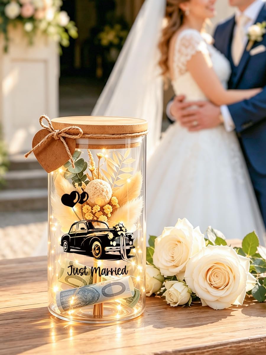 Money Gift Wedding Packaging, Wedding Car Glass Bottle with LED Fairy Lights & Dried Flowers, Wedding Gifts for Bride and Groom, Personalised Wedding Gift Packaging Wedding – Bild 6