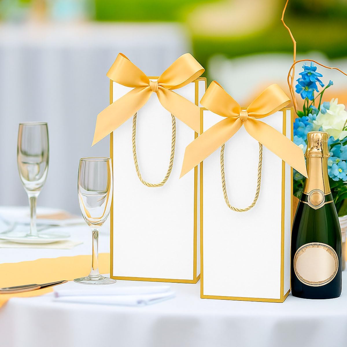 Ssyuysto Set of 2 Gift Bags Bottles White with Gold Edge Golden Silk Bow Bottles Bags for Wine Champagne Reusable Wedding Gift Packaging – Bild 6