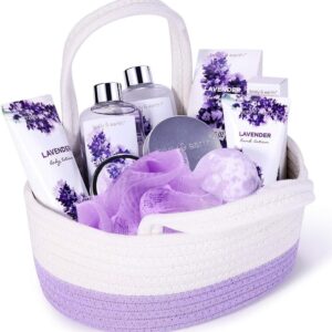 Bath Spa Gift Set - Body & Earth Gift Hamper - 6 Piece Lavender Fragrance Bath Set - Shower Gel, Bubble Bath, Body Lotion, Bath Salt, Body Scrub, Back Washer