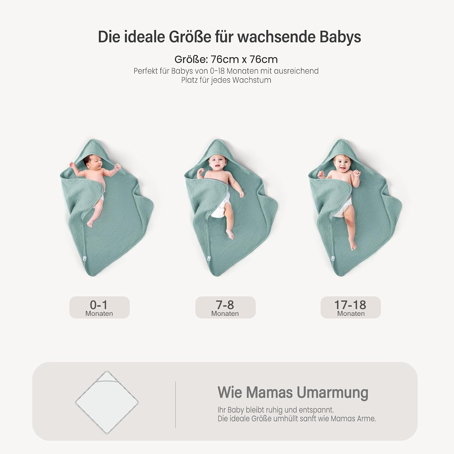 lulumoon Hooded Towel Baby Muslin Cotton: 76 x 76 cm for 0-18 Months – Bild 6
