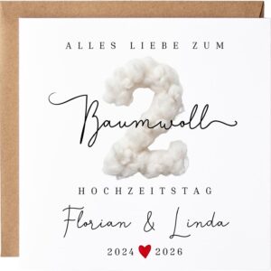 2nd Wedding Anniversary Gift Personalised Cotton Wedding Card - 15 x 15 cm Premium Folding Card with Envelope, Congratulations Card Cotton Wedding with Name & Year Numbers