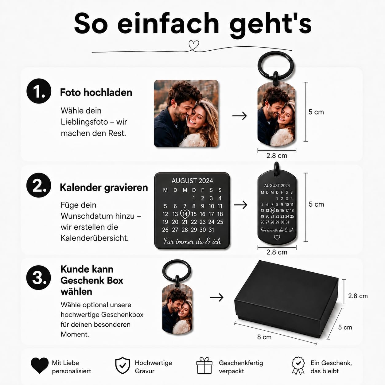 One Ace Personalised Stainless Steel Keyring with Black/White Picture and Date - Valentine's Day & Anniversary Gift for Him & Her - Partner Gifts - Personalised Gifts – Bild 2