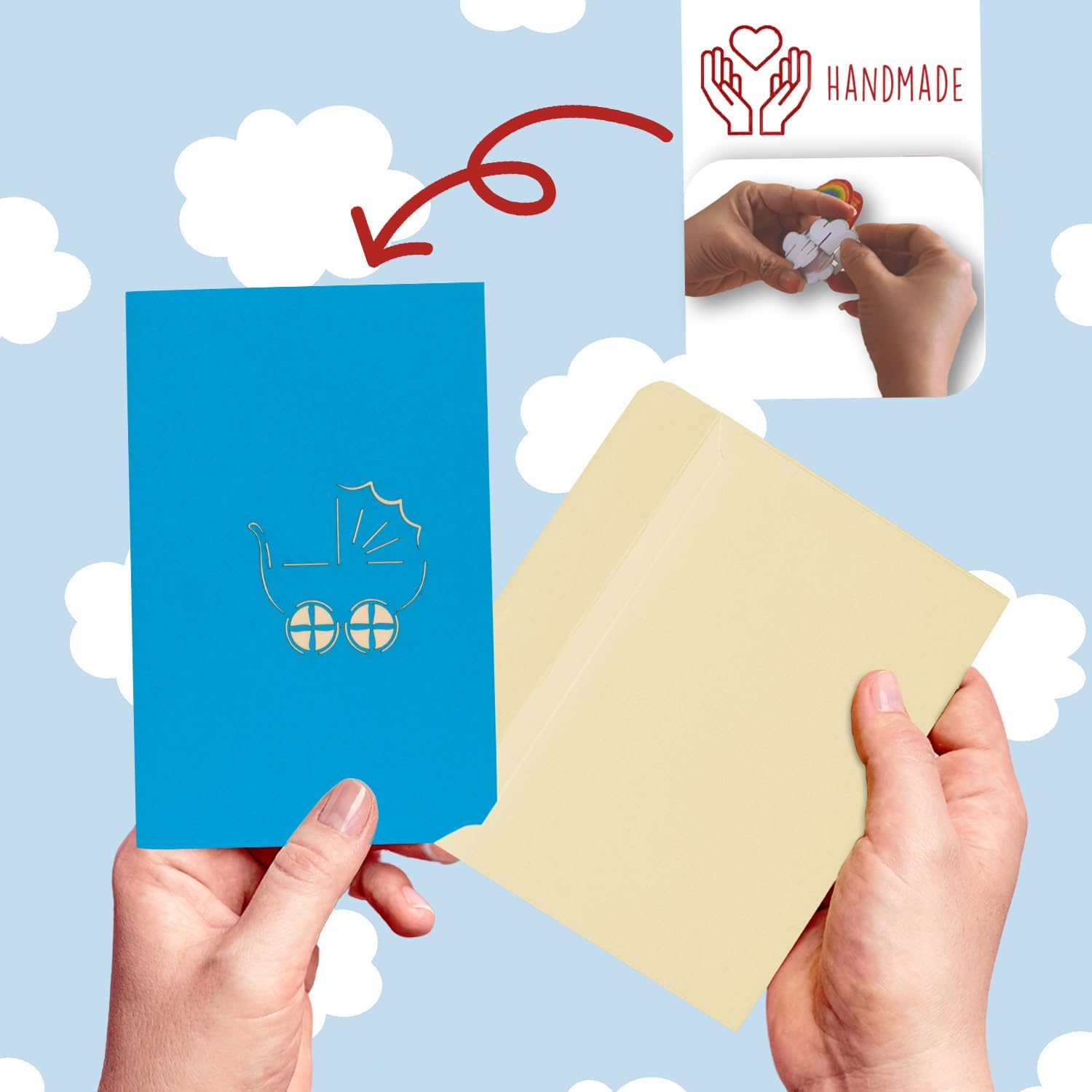 Pop-up Card for Pregnancy & Birth - 3D Greeting Card with Light Blue Baby Pram for Boys - Surprise Folding Card with 3D Effect N89 – Bild 2