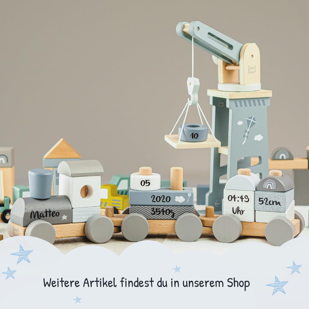 KIDSLINO Wooden Railway Blue – Personalised for Birth Boys, Handmade Wooden Toy with Plug-in Shapes, Personalised Gifts Baby, Wooden Train with Name & Date of Birth – Bild 6