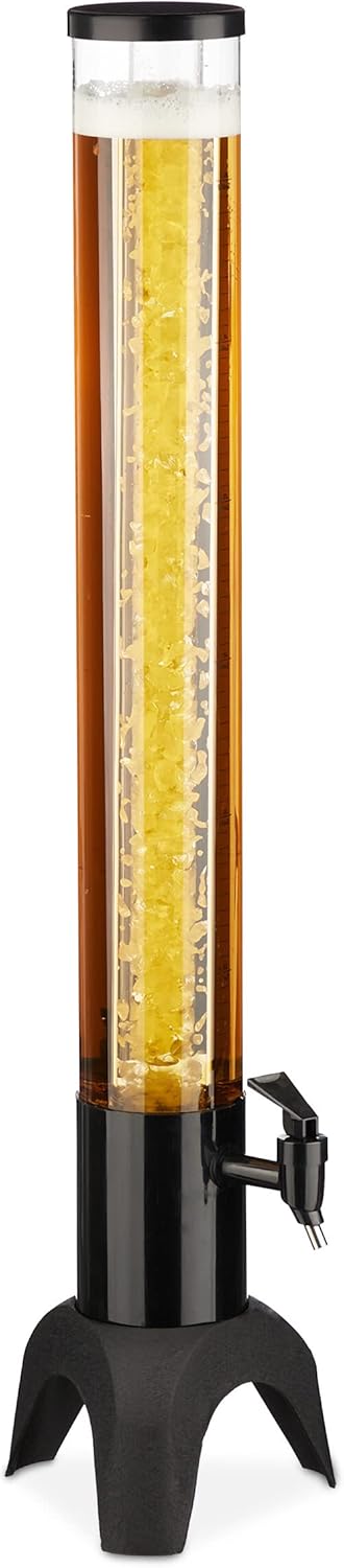 Relaxdays Beer column with tap, 2.5 L, drinks dispenser with cooling, beer tower garden, petrol pump, transparent/black