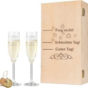 GRAVURZEILE Leonardo Champagne Glasses Set with Engraving Schlechter Tag, Guter Tag - Frag nicht! - Includes Engraved Vintage Wooden Box - Funny & Original Gift - Suitable for Champagne and Sparkling