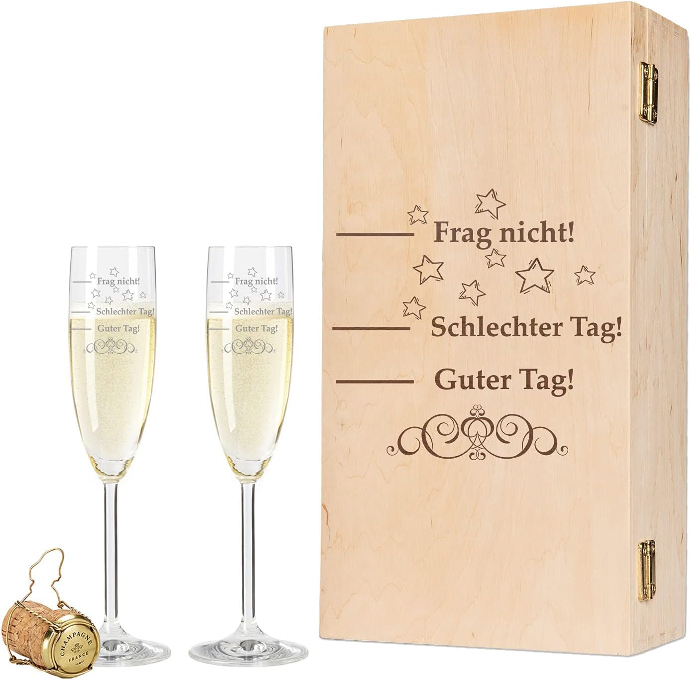 GRAVURZEILE Leonardo Champagne Glasses Set with Engraving Schlechter Tag, Guter Tag - Frag nicht! - Includes Engraved Vintage Wooden Box - Funny & Original Gift - Suitable for Champagne and Sparkling
