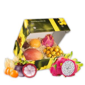 Hansen Obst Gift Box „Exotic Happiness Moments“ with Gift Box „Die Margarite“ – Gift with Fresh Fruit – Fruit Box – Exotic Fruits