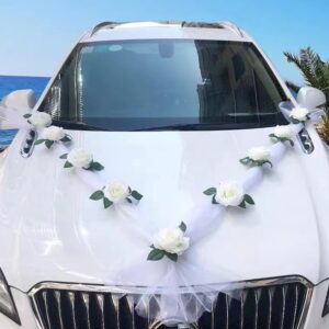 Car Decoration Wedding White Wedding Car Decoration Set, Car Wedding Garland, Flower Decoration Car Wedding, DIY White Gauze Rose Decoration Set, Car Jewellery Wedding with 9 Roses, 2 x 1.6 m Long