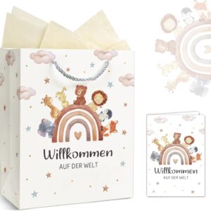 Gift Bag Baby Birth, Gift Bag with Greeting Card, Gifts for Birth Boy & Girl, Gift Wrapping Paper Bags with Handle and Tissue Paper – Welcome to the World