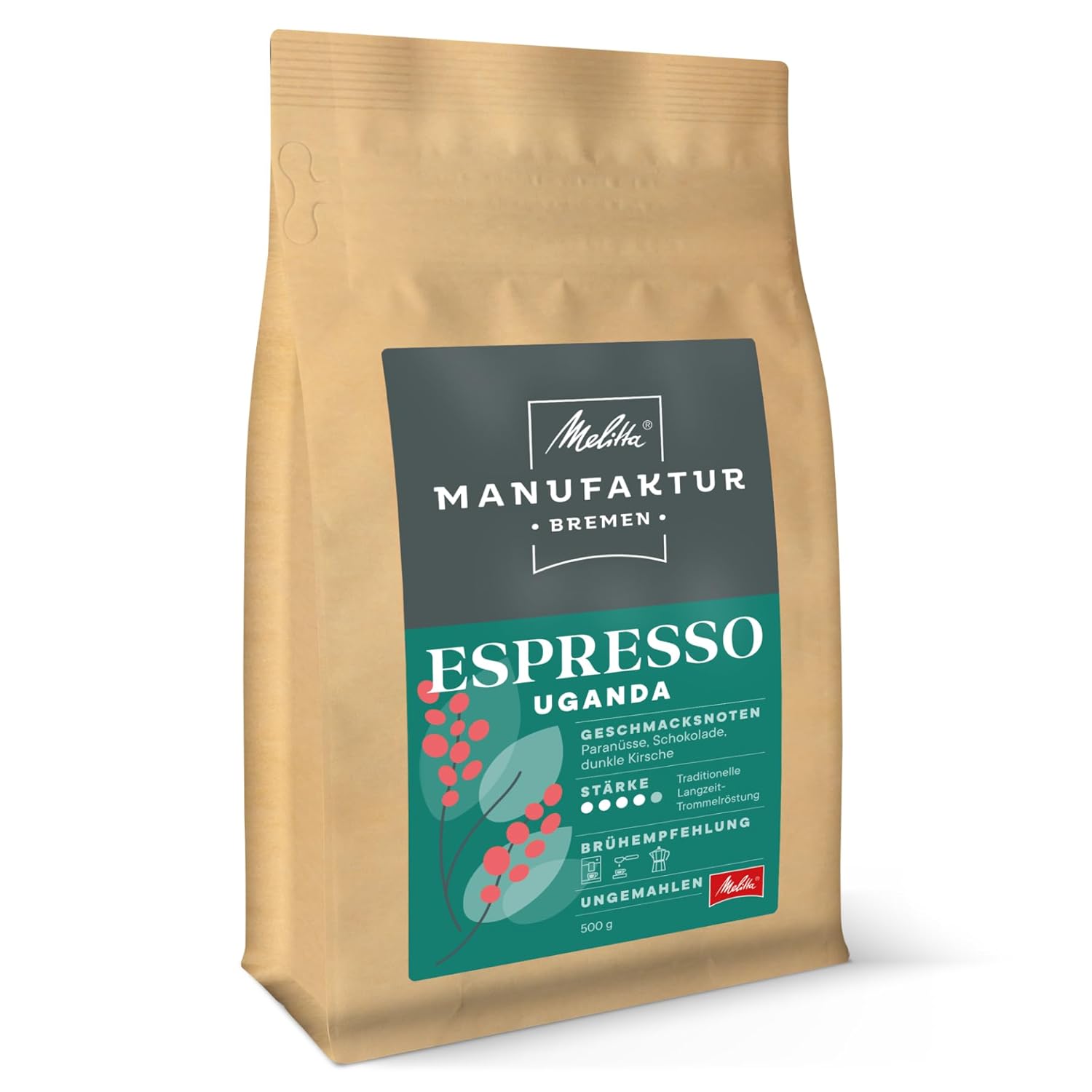 Melitta Manufacture Coffee Espresso Specialty Coffee, 500 g, Whole Coffee Beans, Unground, Single Origin Farm Coffee from Uganda, Roasted in Germany, Strength 4