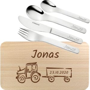Breakfast Set with Engraving (Name, Date), Wooden Board Beech with Children's Cutlery, Personalised Gift Idea for Birthday, Back to School, Birth/Christening, Tractor Motif F4