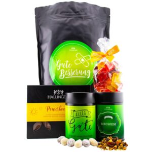 Hallingers Genuss Manufaktur Delicatessen Gift Set – XXL Wonder Bag „Get Well Soon“ Large Recovery Greeting Nougat Almonds, Tea, Bar Chocolate & Fruit Juice Bears, Gift Idea for Men and Women
