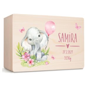 Little Deco Baby Keepsake Box, Personalised Wooden Box with Lid, Storage Box, Elephant with Balloon, Gift Idea for Birth & Christening, Birthday for Girls XHL1148-2-L