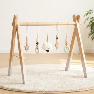 let’s make Baby Wooden Montessori Play Arch with 5 Removable Sensory Toys, Foldable Baby Gym Activity Centre, Newborn Gift for 0-18 Months (Style B)