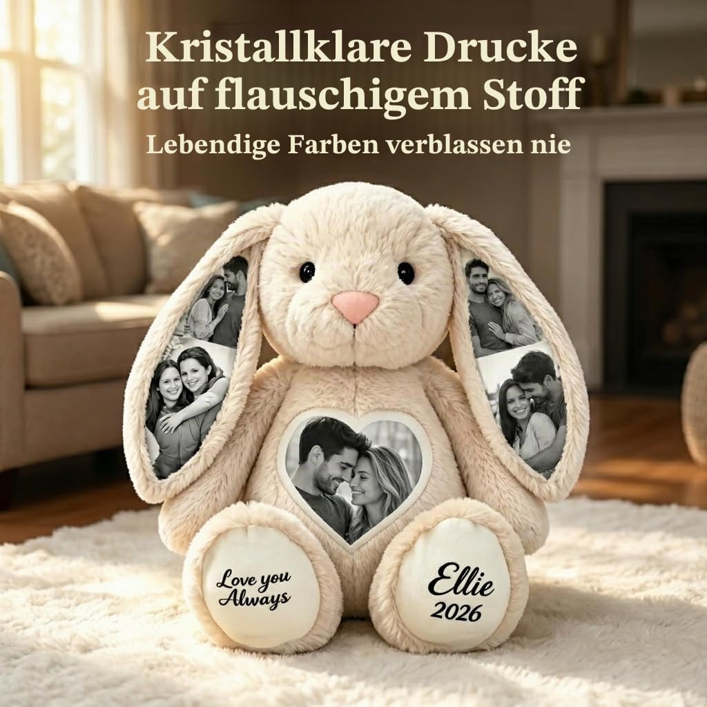 Personalised Fabric Rabbit with 5 Photos, Cuddly Toy Rabbit with Hidden Pictures in the Ears, Photo Cuddly Toy Made of Soft Plush, Warm Gift for Couples, Family, Friends, 26 cm / 40 cm – Bild 9