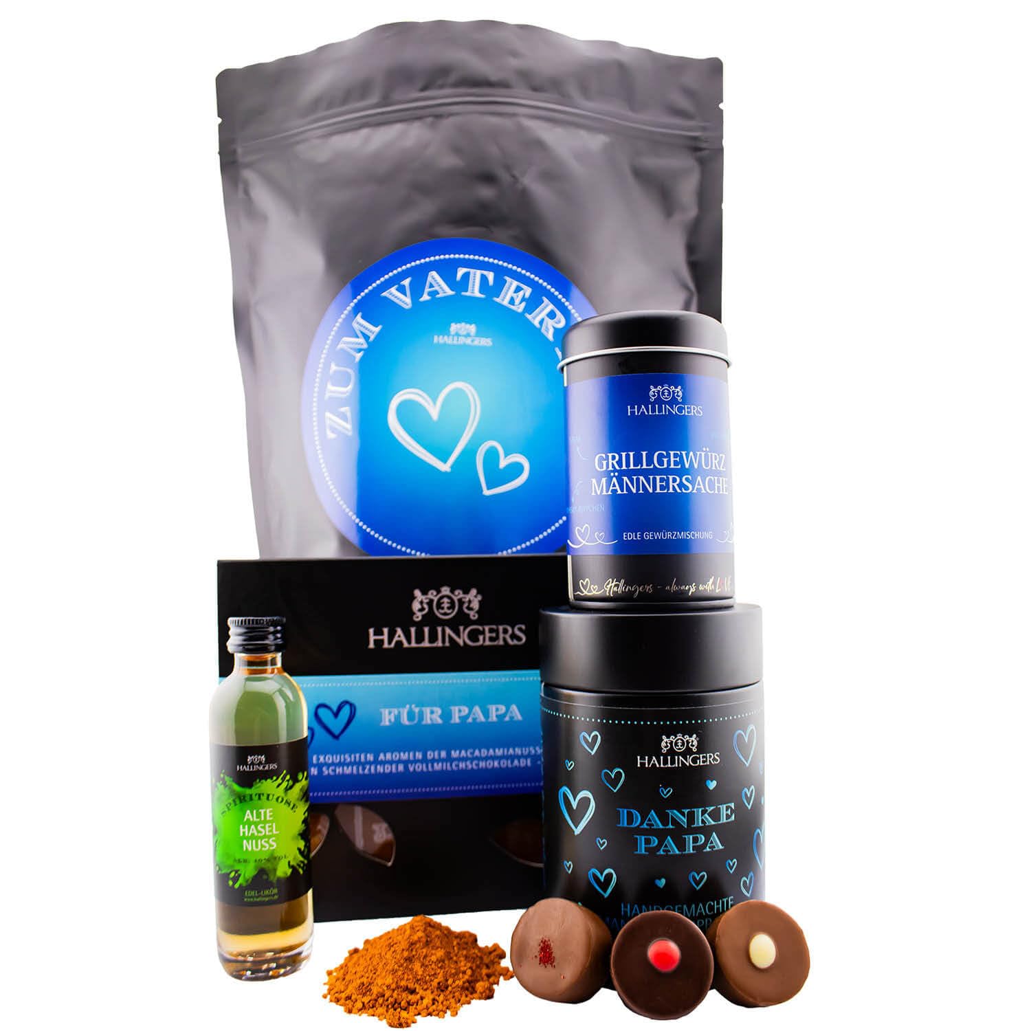 Hallingers Genuss Manufaktur Feinkost Father's Day Gift Set - XXL Wonder Bag "Zum Vatertag" Large Hazelnut Liqueur, Barbecue Spice, Chocolates & Chocolate, Gift Idea for Dad Grandpa