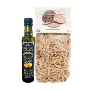 Norcinus Gourmet Gift Set: Extra Virgin Olive Oil with White Truffle (250ml) + Pasta Made from 100% Italian Wheat with Black Truffle (500g) – Delicatessen from Umbria
