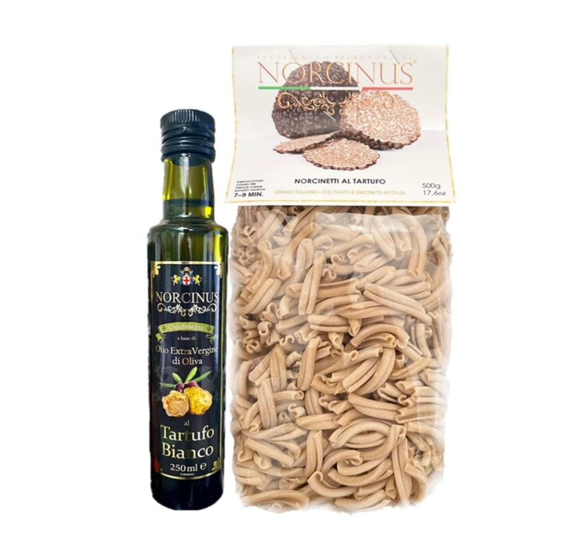 Norcinus Gourmet Gift Set: Extra Virgin Olive Oil with White Truffle (250ml) + Pasta Made from 100% Italian Wheat with Black Truffle (500g) - Delicatessen from Umbria