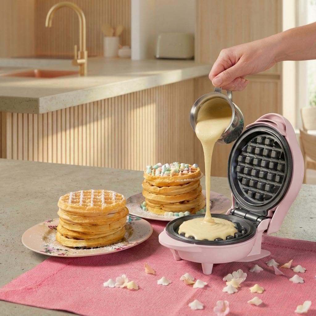 Bestron Mini Waffle Iron for Classic Waffles, Small Waffle Maker with Non-Stick Coating, for Children's Birthdays, Family Parties, Easter or Christmas, Retro Design, 550 Watt, Colour: Pink – Bild 4