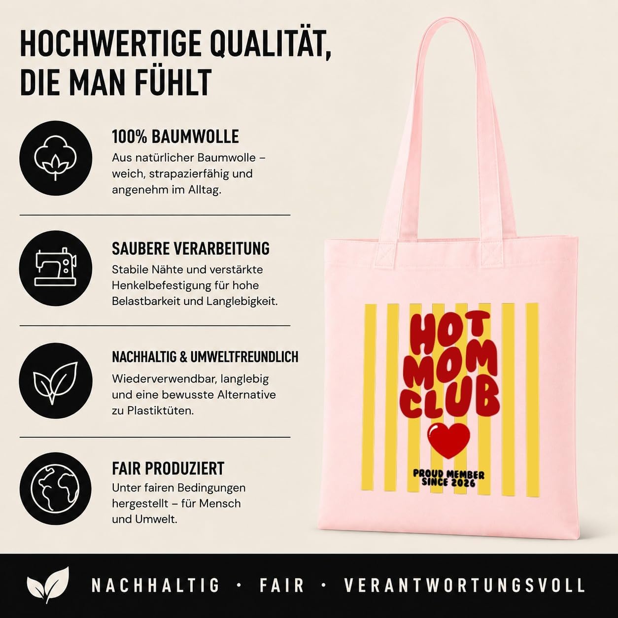 LIEBTASTISCH® Cotton Bag Hot Mom Club Proud Member Since 2026 - Fabric Bag for Mum - Gift Mother's Day Birthday Christmas Best Friend – Bild 4