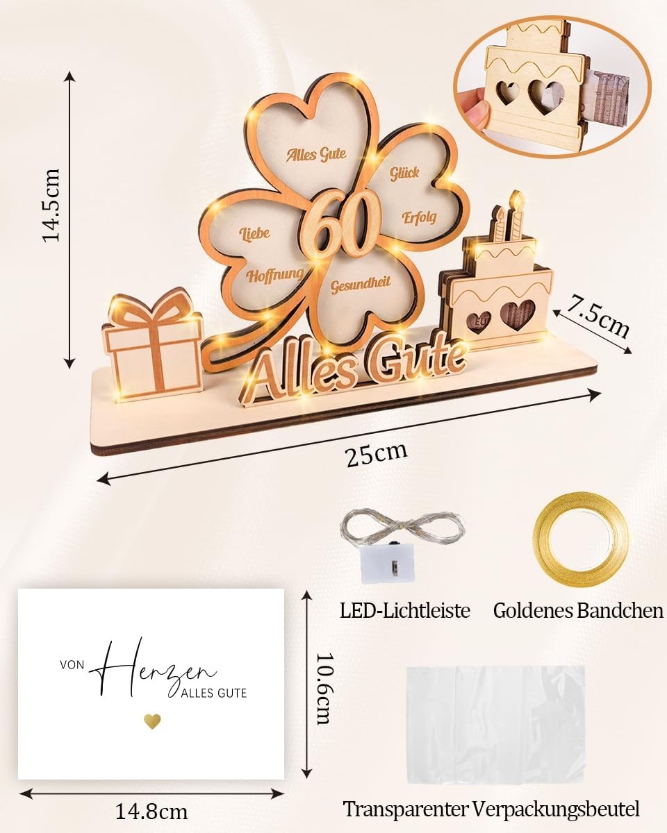 60th Birthday Woman - Wooden Money Gifts Packaging with Fairy Lights & Greeting Card, Gift & Decoration for 60th Birthday Woman, Birthday Gift for Men 60 & Women 60 – Bild 2