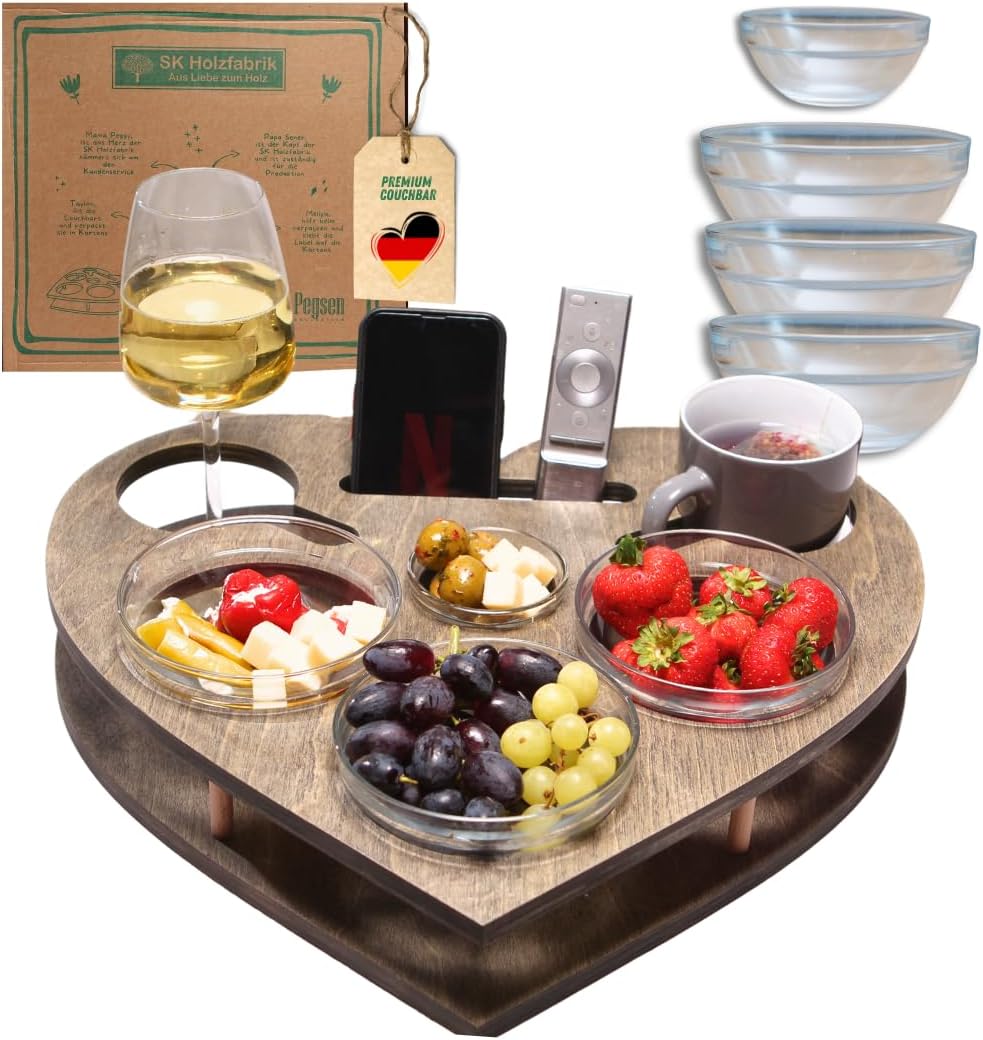Heart Personalised Couch Bar in Grey - Sofa Tray with 4 Glass Bowls - Couch Bar Snack Bar Personalised - Snack Box for Couch - Sofa Bar - Couch Butler