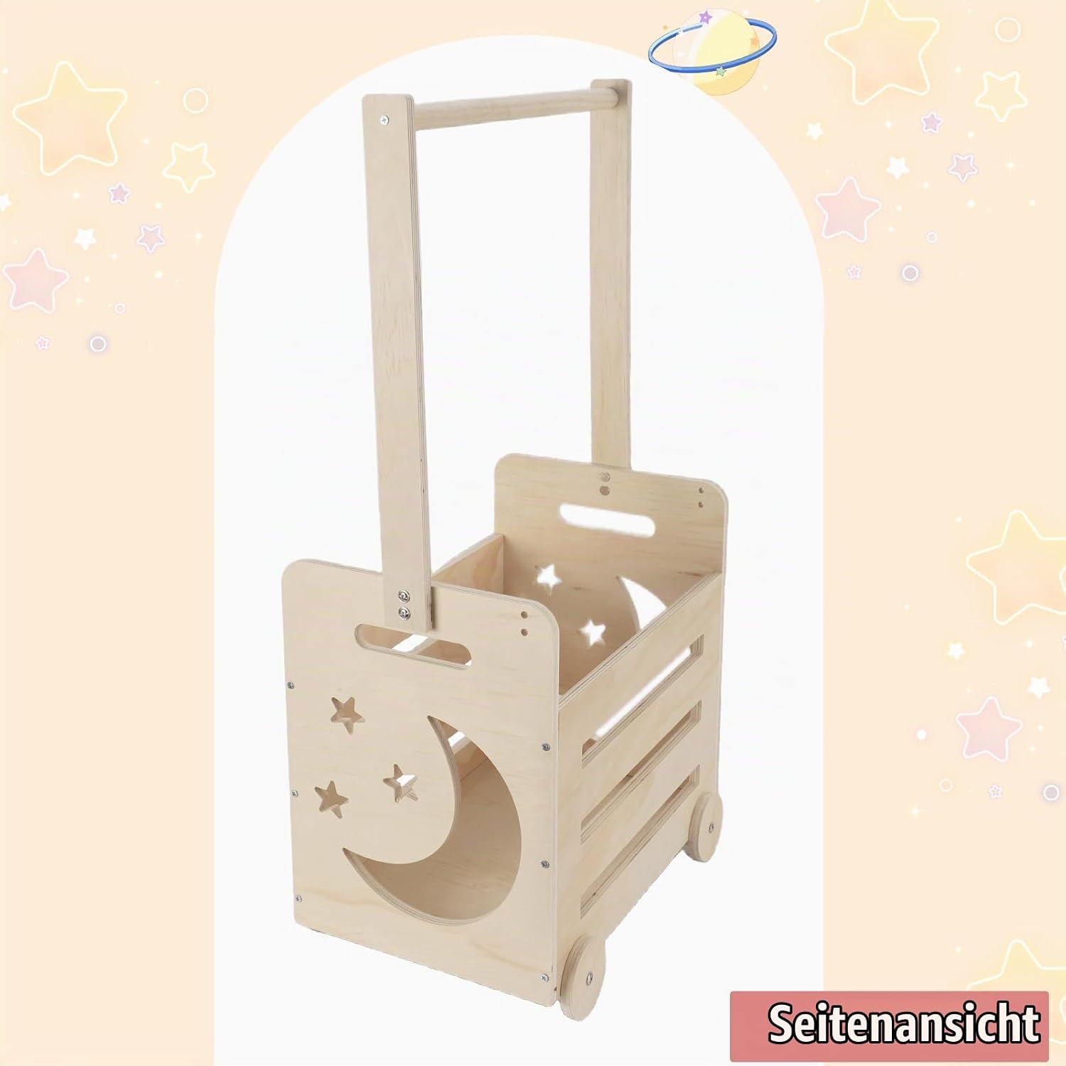Wooden Gift Basket with Wheels and High Handle, Personalised Basket for Pregnant New Parents. Gift Basket-Moon Car-DE – Bild 5