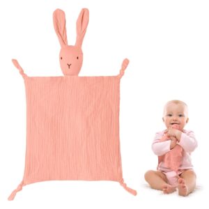Vicloon Cuddly Blanket with Rabbit Head, Double Layer Tulle Made of 100% Organic Cotton, Baby Gift for Birth Boy & Girl, Pink