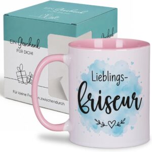 Lieblings Friseur – Tasse – Geschenk für Friseur – wertschätzende Geschenkidee zum Abschied oder als persönliches Dankeschön – für Kaffee, Tee und Kakao, Rosa Geschenkkarton Geschenk