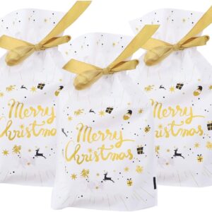 Christmas Gift Bag with Drawstring 50 Pieces Holiday Red Reindeer Christmas Gift Package Sweets Sweet Bag Plastic Christmas Goody Bags for Wedding Days Merry, Plastic, Gold 2