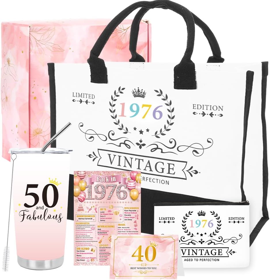 Birthday Women's Vintage Gift Set, Fashionable Carry Bag, Cosmetic Bag, Stainless Steel Thermal Mug, Greeting Card and Gift Box, Birthday Gift for Mum, Sister and Colleague, pink, Formal