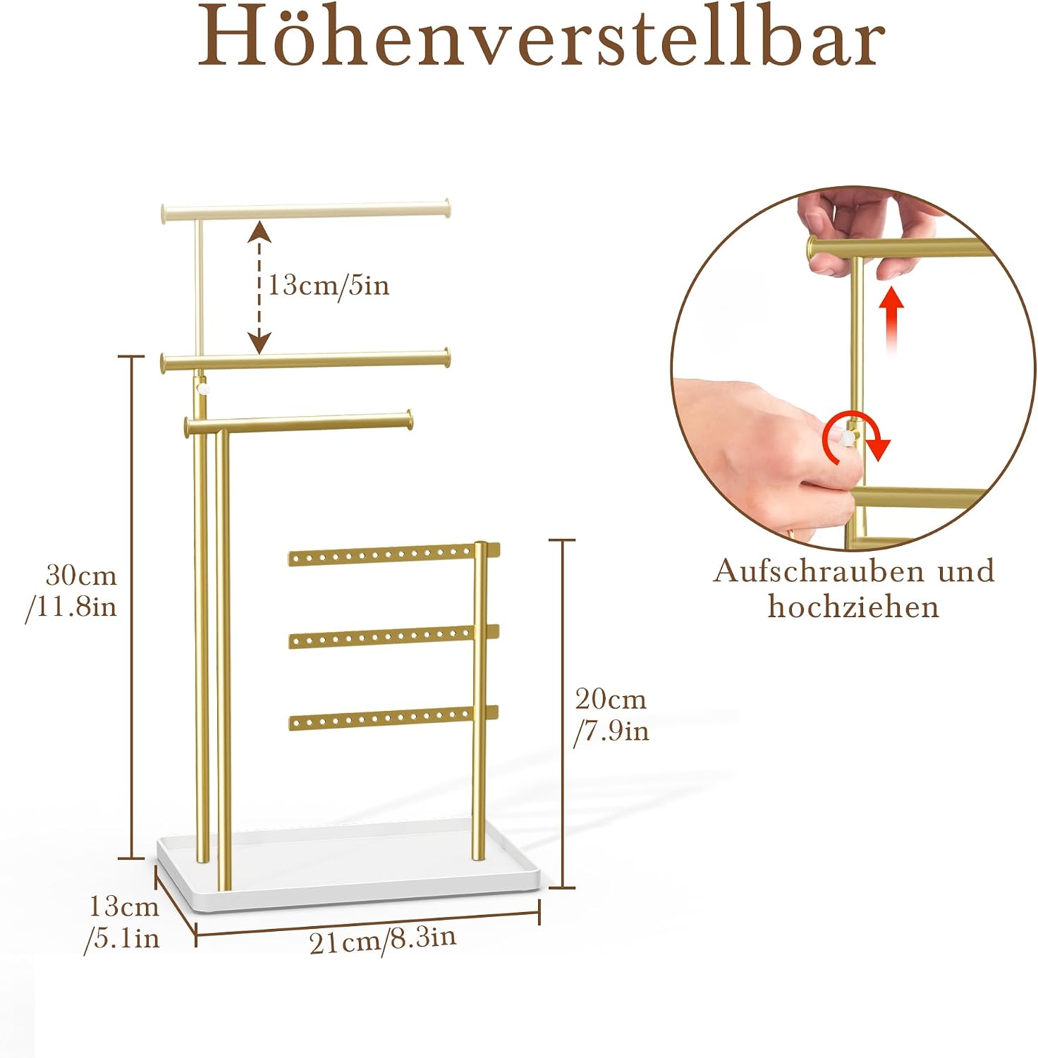 Gold Jewellery Organiser - 3 Bars Jewellery Stand, Jewellery Storage for Earrings, Bracelets, Necklaces, Perfume, Decorative Aesthetic Accessories for Dressing Table, Adjustable Angle and Height 37 cm (Max) – Bild 2