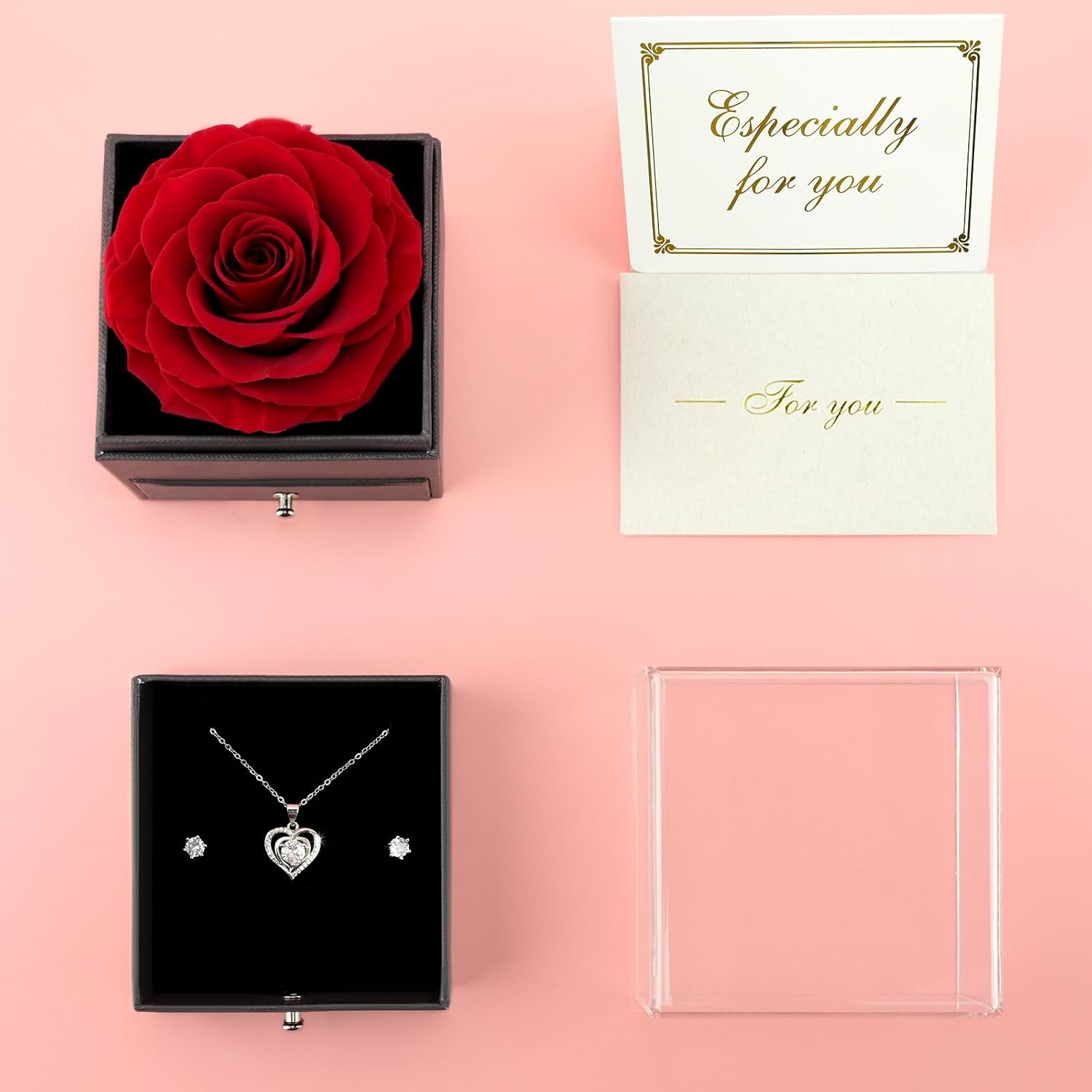 Sunia Eternal Real Rose with Heart Necklace and Earrings Made of 925 Sterling Silver, Gifts for Women, Girlfriend, Mum, Grandma, Infinity Roses, Birthday, Christmas, Valentine's Day, Mother's Day, Eternal Rose with Chain – Bild 6