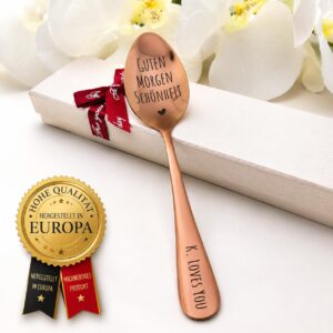 Personalised Engraved Spoon - "Guten Morgen Schönheit" or Desired Text - Gift for Girlfriend, Mum, Sister - Choice of Colour & Size - Optional Gift Box