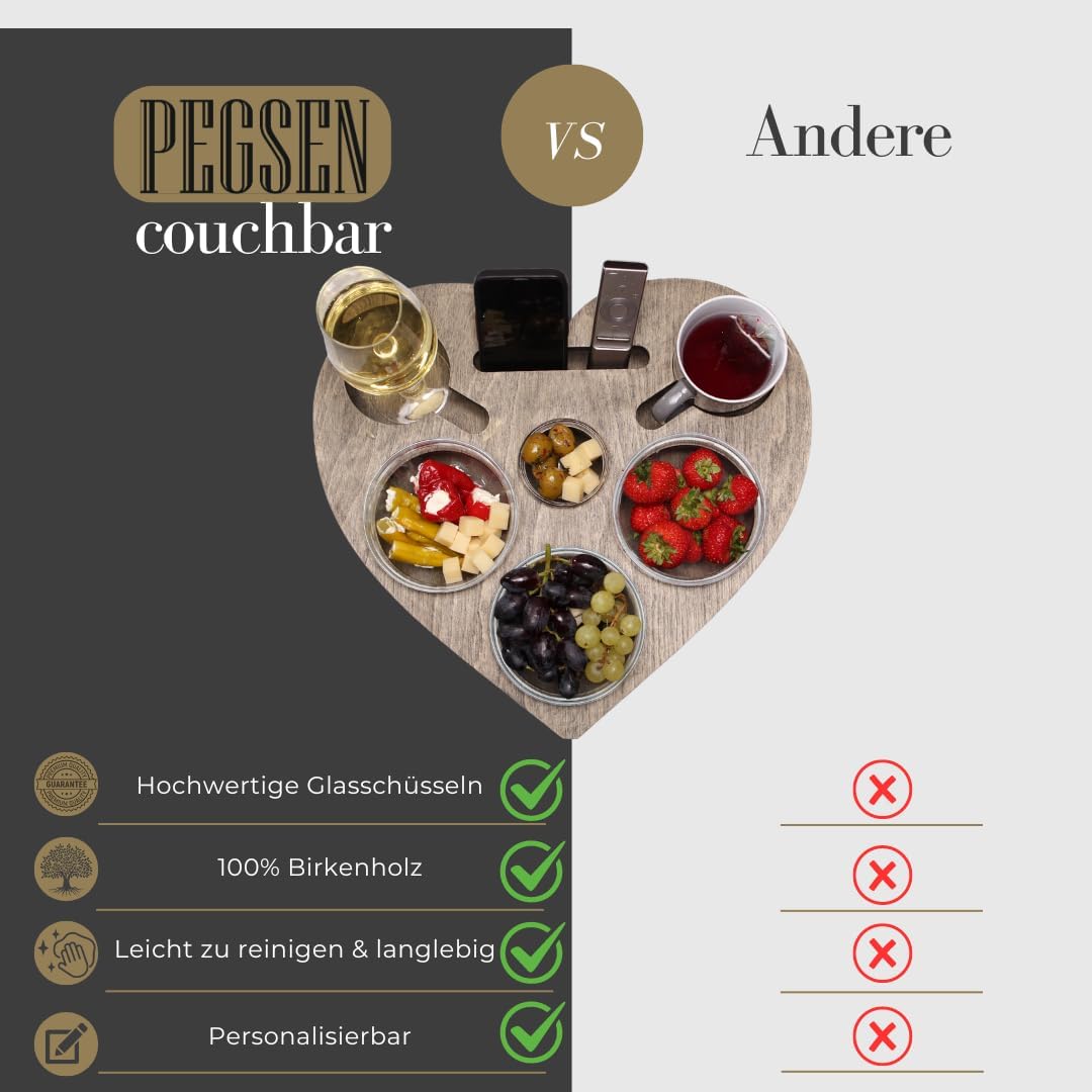 Heart Personalised Couch Bar in Grey - Sofa Tray with 4 Glass Bowls - Couch Bar Snack Bar Personalised - Snack Box for Couch - Sofa Bar - Couch Butler – Bild 4