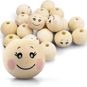 Netuno 17 x Wooden Balls with Smiling Face 20 mm x 18 mm Wooden Heads Angel Head Natural Craft Beads for Macrame Decorative Balls with Eyes for Crafts Jewellery Wooden Beads with Hole Round