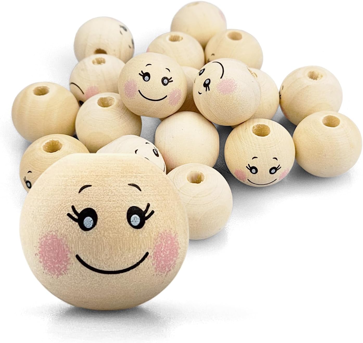 Netuno 17 x Wooden Balls with Smiling Face 20 mm x 18 mm Wooden Heads Angel Head Natural Craft Beads for Macrame Decorative Balls with Eyes for Crafts Jewellery Wooden Beads with Hole Round