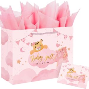 Ssyuysto Large Gift Bag Birth Girl 33 cm Wide Pink Baby Girl Gift Bag with Tissue Paper Greeting Card for Baby Shower Birthday Baby Shower Christening Gender Reveal Cute Animals